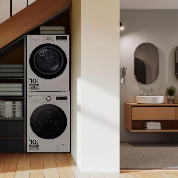 LG Torre de Lavado, Blanca, Lavadora inteligente 9kg, 1400rpm, 10% más eficiente que A + Secadora 8kg, C, TORRE0908KG.SET